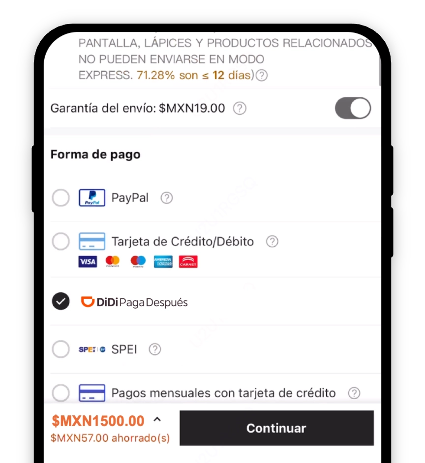 Selecciona DiDi Paga Después como método de pago