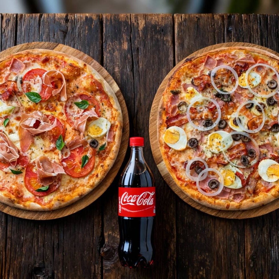 Combo 2 pizzas gigantes (35cm) - 8 fatias + refrigerante 2 litros. Massa artesanal livre de ovos e lactose de longa fermentação (à partir de 48 horas) para melhor sabor, leveza e digestibilidade.