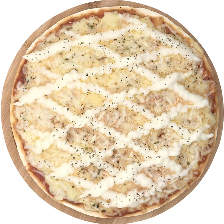 Mussarela, molho de tomate, provolone, parmesão, Catupiry e oregano.