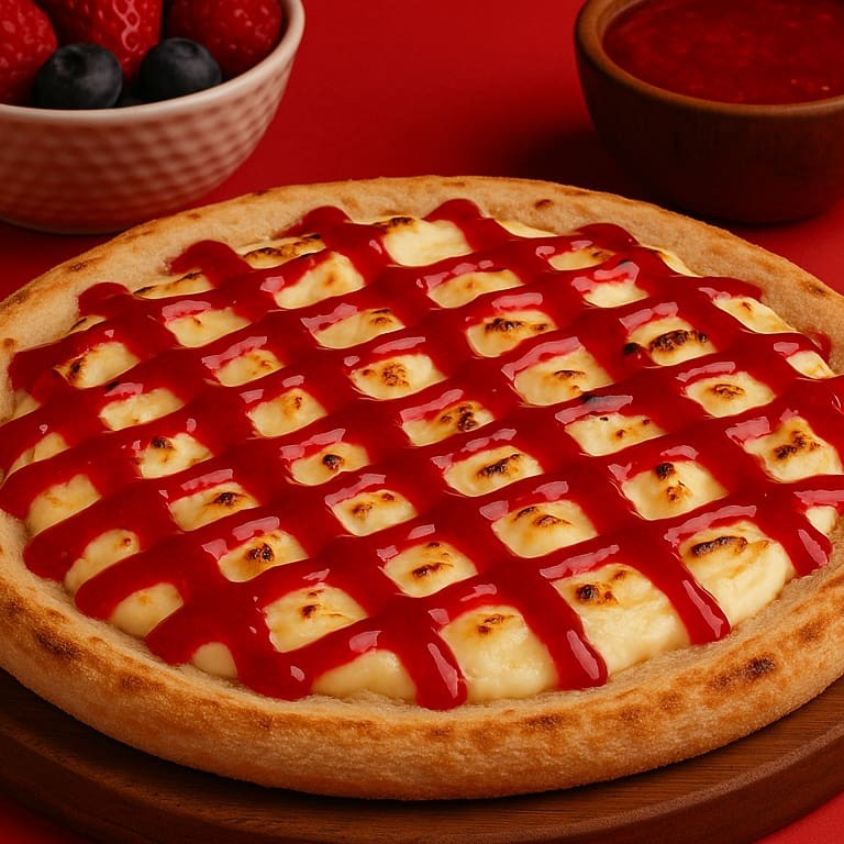 Viva a deliciosa experiência de saborear a 'Pizza Broto Cheesecake'! Com 20 cm de puro deleite, esse prato, que é uma estrela em nosso menu 'Jantar Bom e Barato', não inclui borda. A generosa cobertura de um suave e sedoso chocolate branco, harmonizando perfeitamente com um luxuoso cream cheese que derrete na boca, cria uma verdadeira sinfonia de sabores. O toque final fica por conta de uma vibrante calda de frutas vermelhas, derramada com maestria por cima, proporcionando um contraste de sabores que irá surpreender seu paladar. Uma combinação irresistível para um jantar indulgente! Se não a conhece, precisa conhecer. Ela voltou e está melhor do que nunca!