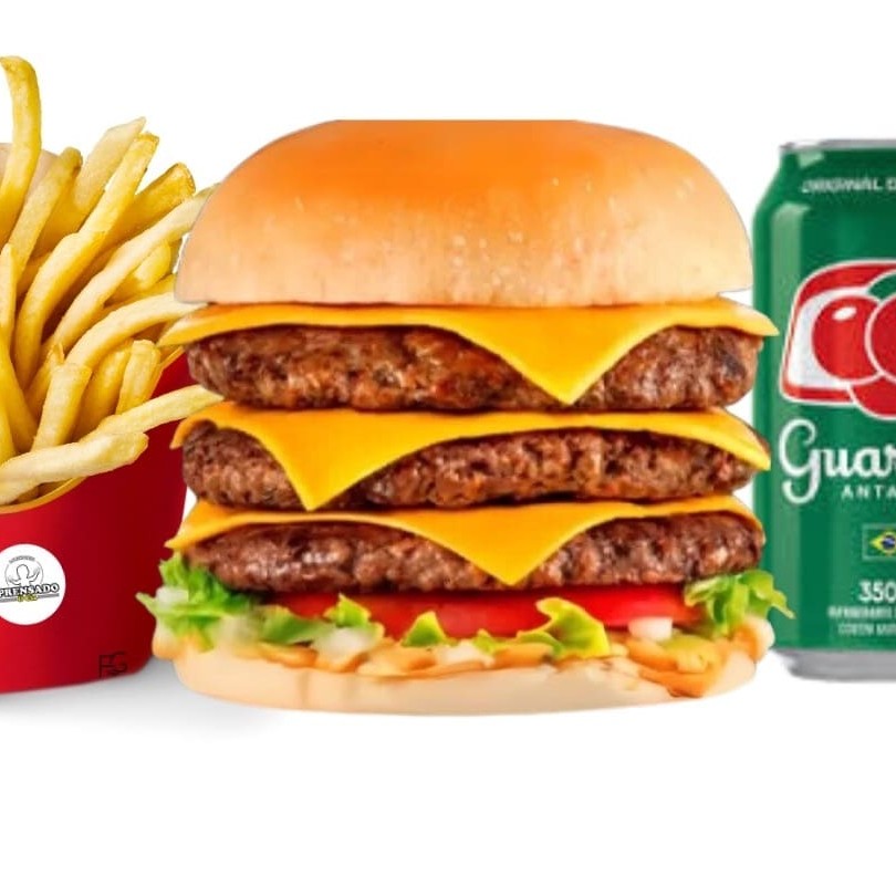 3 carnes, 3 queijos cheddar, molho e alface