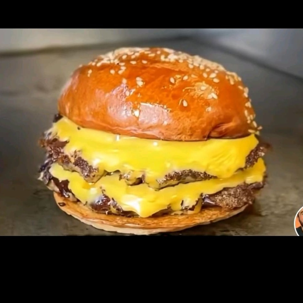 Pão artesanal,duas carne de hambúrguer artesanal e duas fatias de queijo