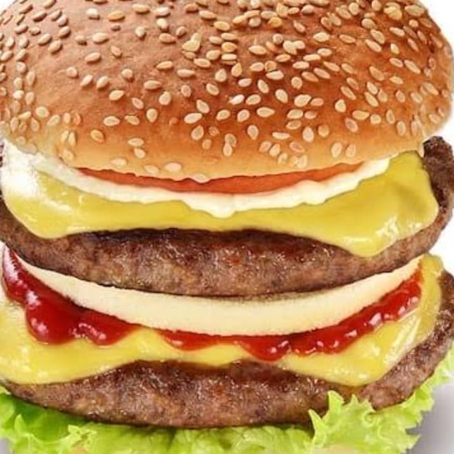 Delicioso Hambúrguer Duplo de Carne de Picanha contendo; Pão, 2 Carnes de Picanha,2 Queijos,2 Ovos, Bacon, Calabresa, Salada e Molho especial