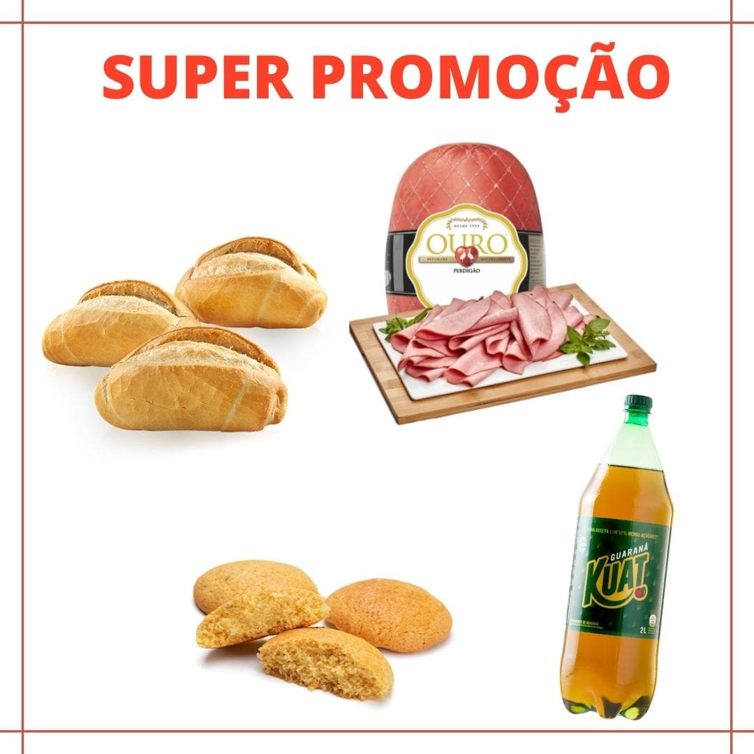 ** Super Promoção**   Na compra de 6 unidades de pão francês + 200g de mortadela  perdigão + 1 Guaraná 1,5l (Kuat ou Antarctica), Ganhe 1 broa de fubá (cavaca) de 150g