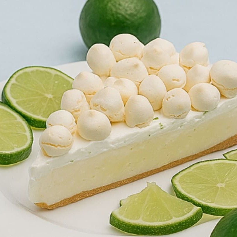 Deliciosa Fatia da tradicional torta de limão com base de biscoito, uma camada de creme de limão, camada de mousse de limão, chantily e suspiros com pequenos flocos de limão por cima.