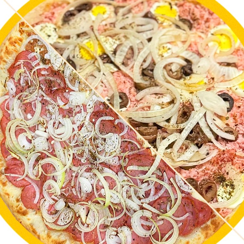 Apreciada por todos, esta deliciosa pizza de 40cm, metade Calabresa e metade Portuguesa, pertence à nossa categoria '1/2 a 1/2 - As mais pedidas'. Elaborada com uma massa artesanal, leve e incrivelmente saborosa, cada pedaço surpreende ao revelar ingredientes de altíssima qualidade. A metade Calabresa é uma ode à simplicidade, permitindo que o sabor marcante da calabresa se destaque. Já a metade Portuguesa é uma viagem de sabores, unindo o melhor da culinária portuguesa em um único pedaço. Uma combinação irresistível que faz jus ao seu posto entre as mais pedidas.