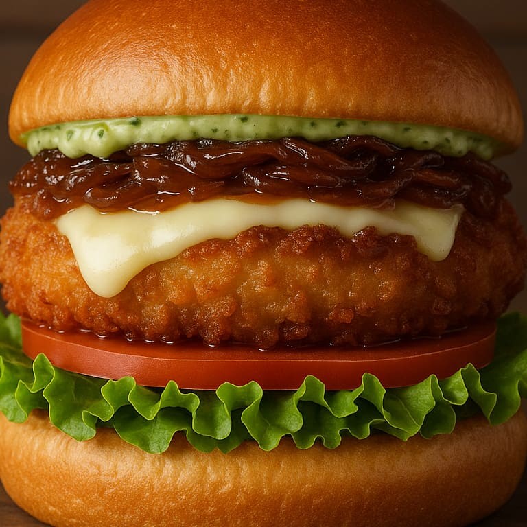 PÃO BRIOCHE, FRANGO EMPANADO ARTESANAL, MUSSARELA DERRETIDA, ALFACE, TOMATE, CEBOLA E MAIONESE DA SUA ESCOLHA