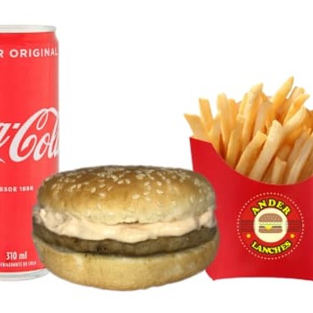 Pão comum, 1 carne e molho especial + Coca cola lata e batata frita.