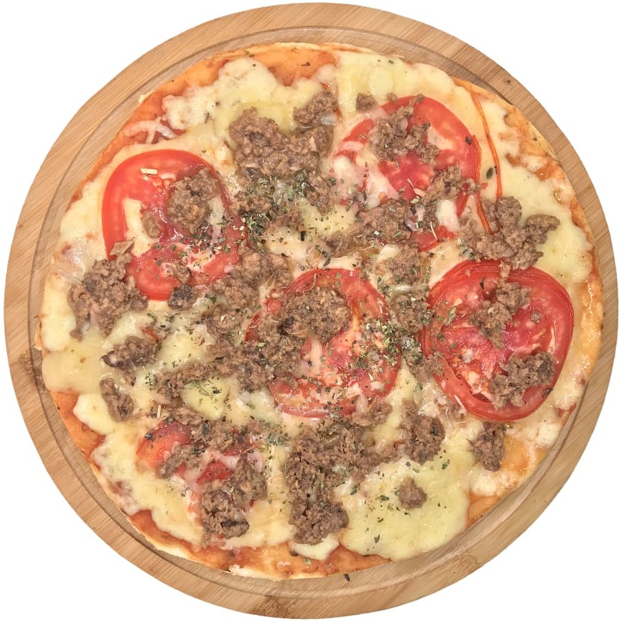 Mussarela, molho de tomate, atum ralado, tomate, cebola e oregano.