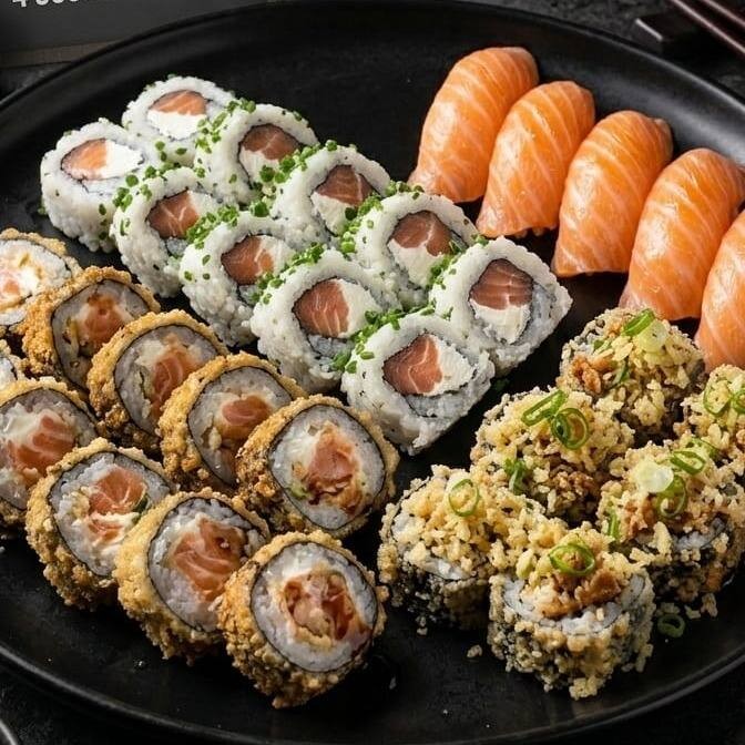 São 10 peças de haru hot de salmão + 12 Philadelphia - 12 peças de uramaki de skin + 4 sushi de salmão ** Foto Ilustrativa **