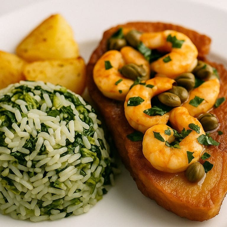 Uma opção mais leve e sofisticada: tilápia grelhada, servida com arroz de brócolis, batatas coradas e molho de camarão com alcaparras.