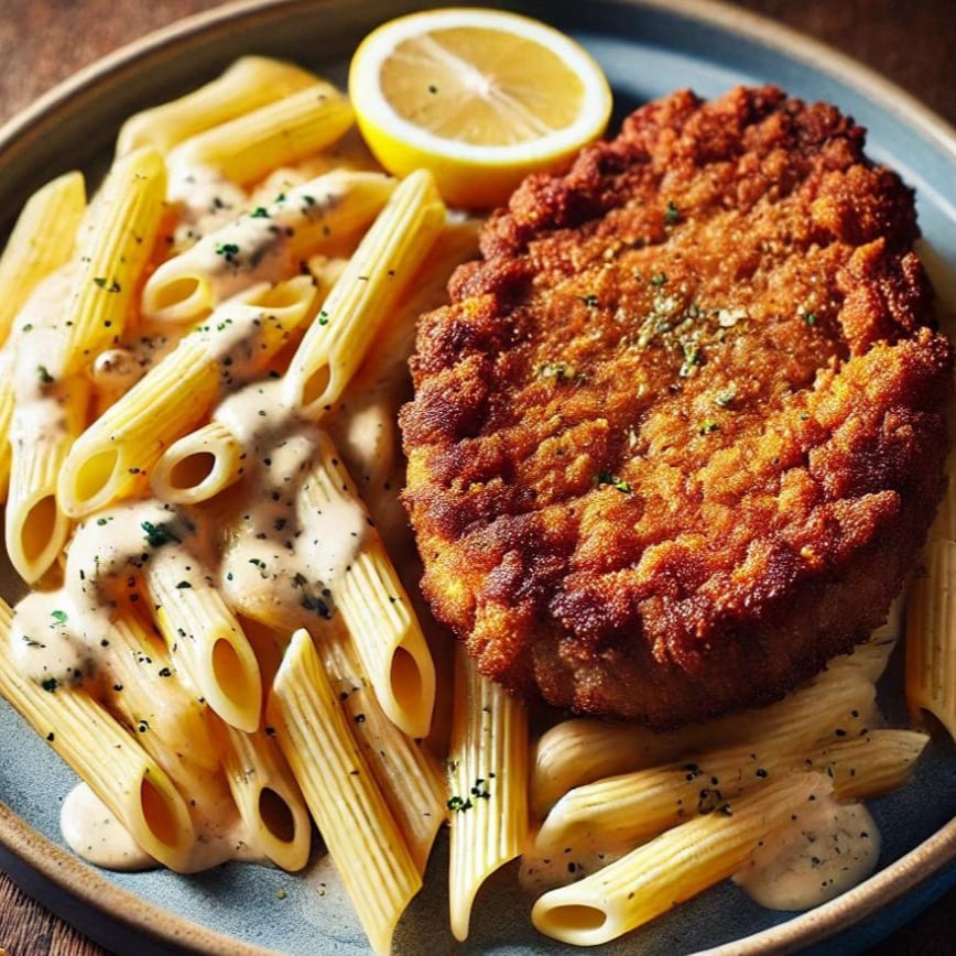 Filé crocante à milanesa servido com penne delicado ao molho refrescante de limão. Uma combinação leve e cheia de sabor!  Comida Italiana, Massas Artesanais, Culinária Italiana, Penne, Espaguete, Gnocchi, Risoto De Salmão, Polenta Italiana, Frango Parmegiana, Salmão Grelhado, Batata Frita, Coca Cola, Guaraná Antártica, Entrega Gratis.