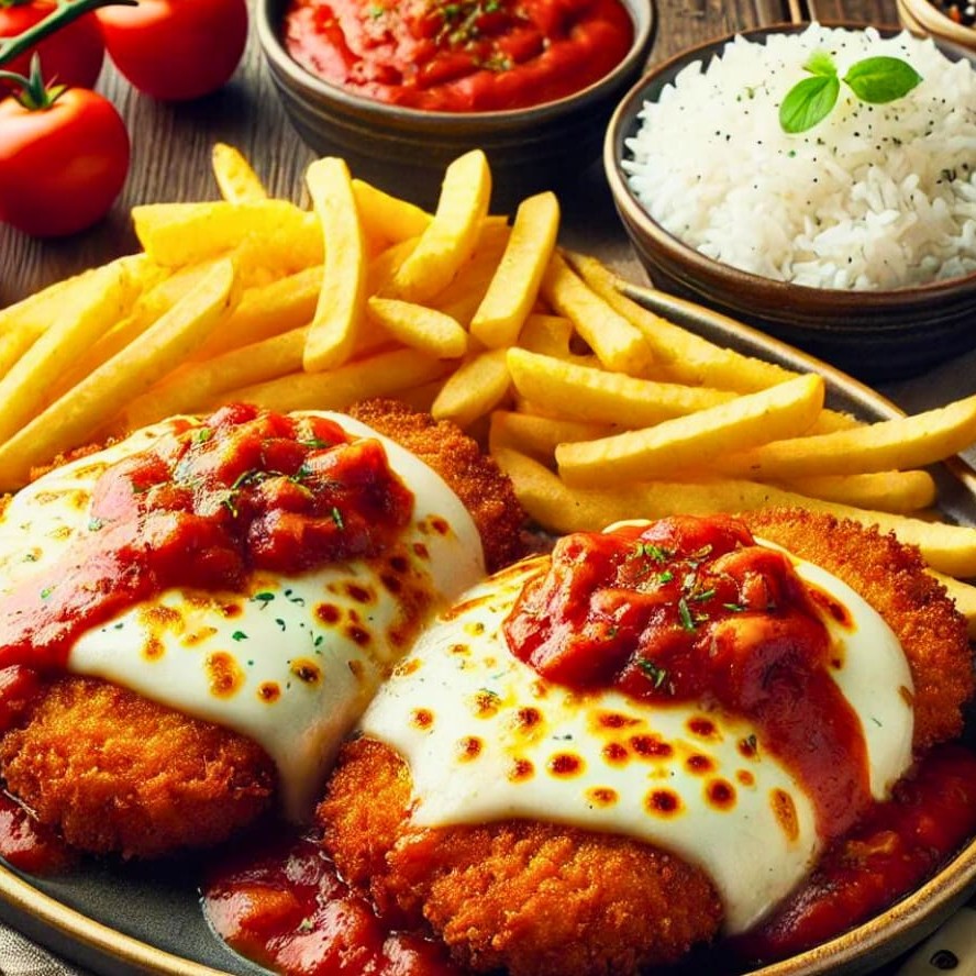 Filé de carne à parmegiana suculento, servido com arroz soltinho e sua escolha de fritas crocantes ou purê de batatas cremoso. Um clássico italiano irresistível!  Comida Italiana, Massas Artesanais, Culinária Italiana, Penne, Espaguete, Gnocchi, Risoto De Salmão, Polenta Italiana, Frango Parmegiana, Salmão Grelhado, Batata Frita, Coca Cola, Guaraná Antártica, Entrega Gratis.