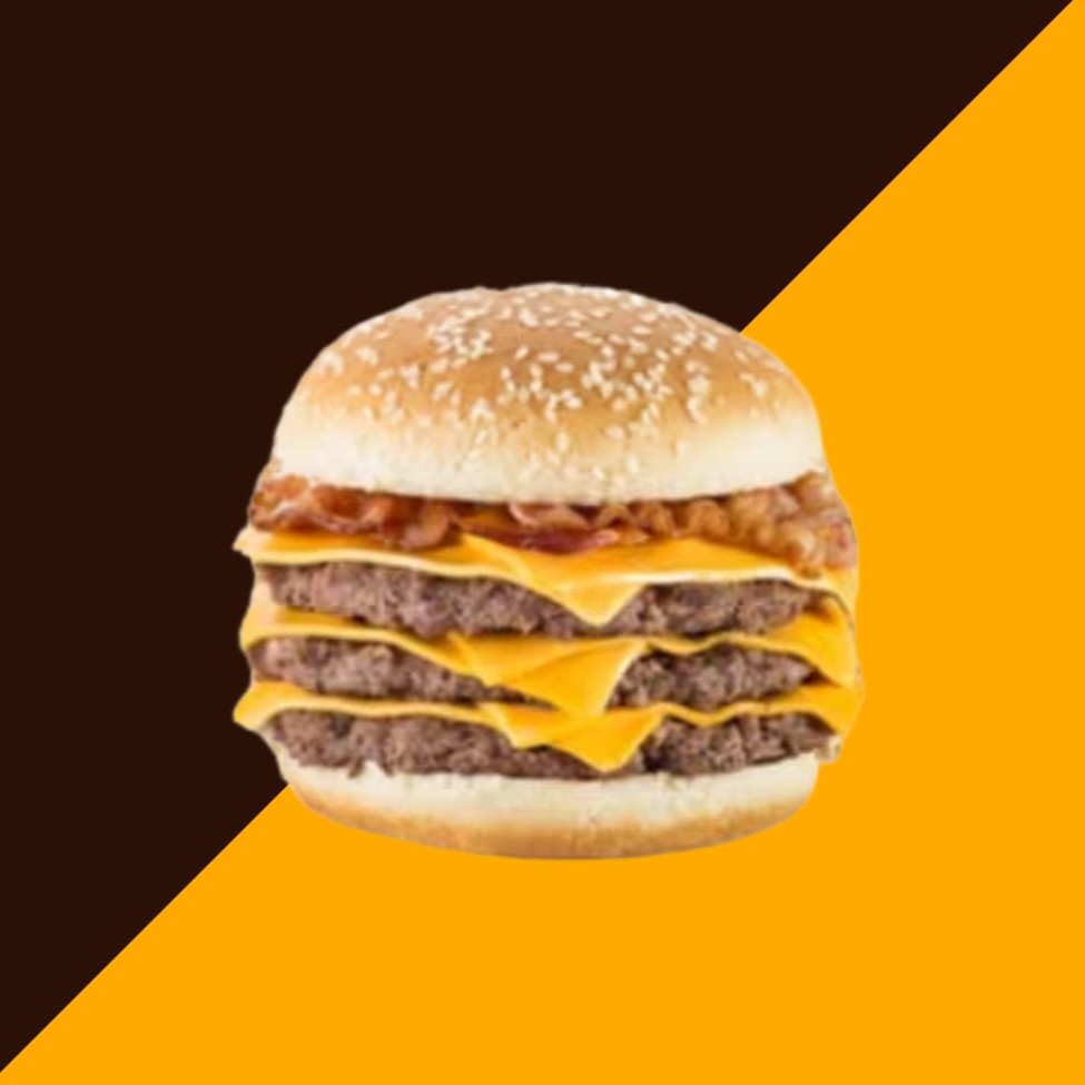 Pão, 3 carnes de picanha 120g, queijo, presunto, cheddar, calabresa, bacon, maionese de alho, barbecue, 4 aneis de cebola, requeijão e batata palha