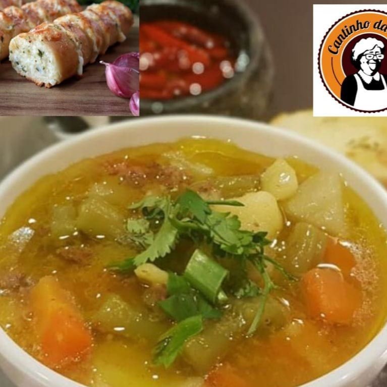 Deliciosa & saborosa sopa de legumes, feita com. Abobrinha .chuchu, cenoura, batata , salsa, alho poro, salsão , queijo +Torradas Grátis