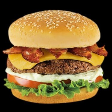 Pão, carne,2 bacon, queijo, presunto, milho, batata palha, alface, tomate, billy e jack e ketchup