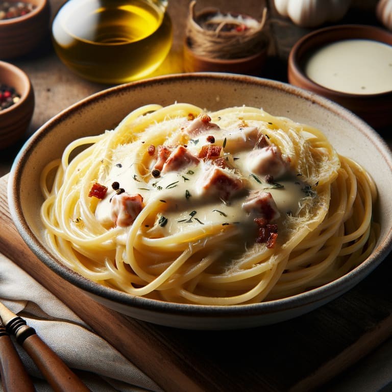 Pratos principais - Espaguete à carbonara - Espaguete acompanhado de um molho cremoso feito com ovo e queijo parmesão, enriquecido com crocantes pedaços de bacon e temperado com pimenta do reino. - Foto meramente ilustrativa.