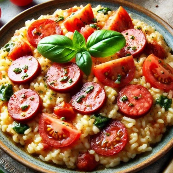 Risotto com calabresa, tomate e manjericão, trazendo os sabores típicos da Toscana.   Comida Italiana, Restaurante Italiano, Massas Artesanais, Culinária Italiana, Massas Frescas, Penne, Espaguete, Gnocchi, Risoto De Salmão, Polenta Italiana, Frango Parmegiana, Salmão Grelhado, Bruschetta Italiana, Batata Frita Crocante, Coca Cola, Guaraná Antártica, Entrega Gratis, Delivery De Massas.