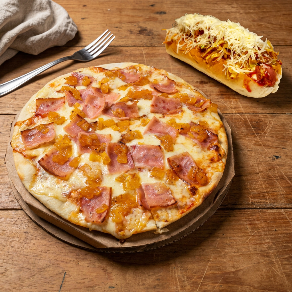 Pizza Personal Hawaiana + Perro Sencillo