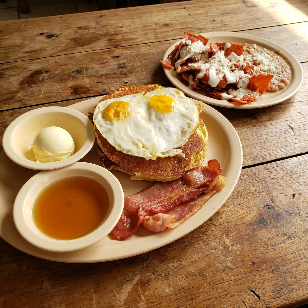 Hot Cakes con Huevos+Chilaquiles Verdes Ó Rojos