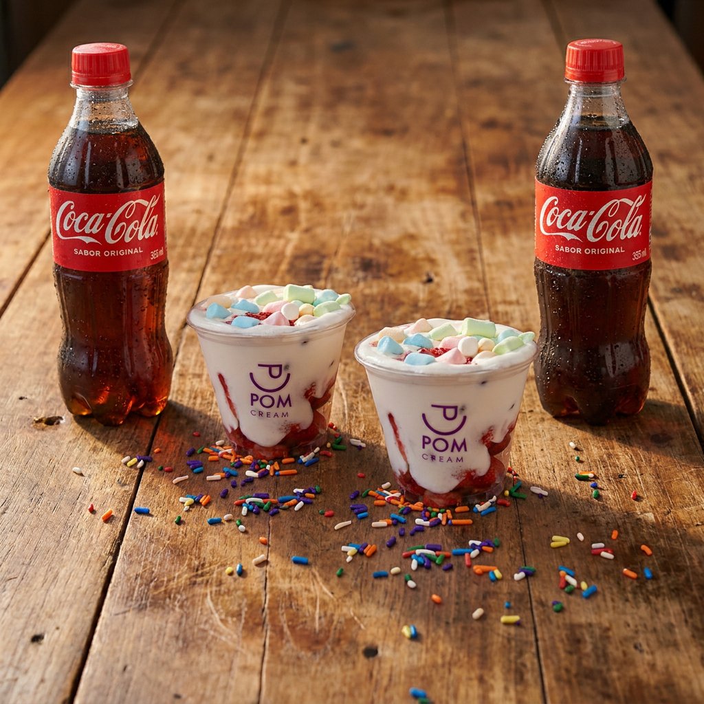 2 Pom Cream Fresa Pequeño + 2 Coca Colas