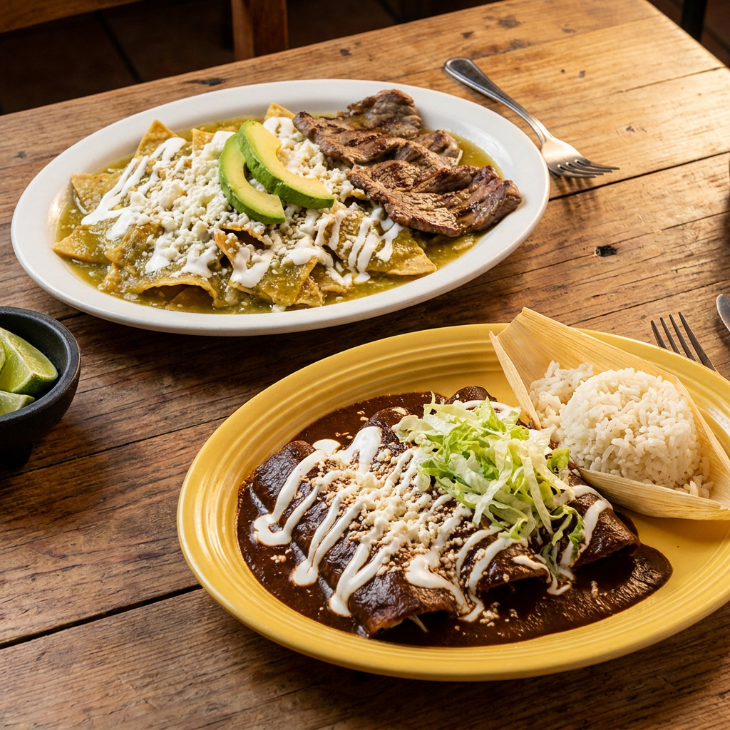 Chilaquiles con Carne Ó Pollo+Enmoladas
