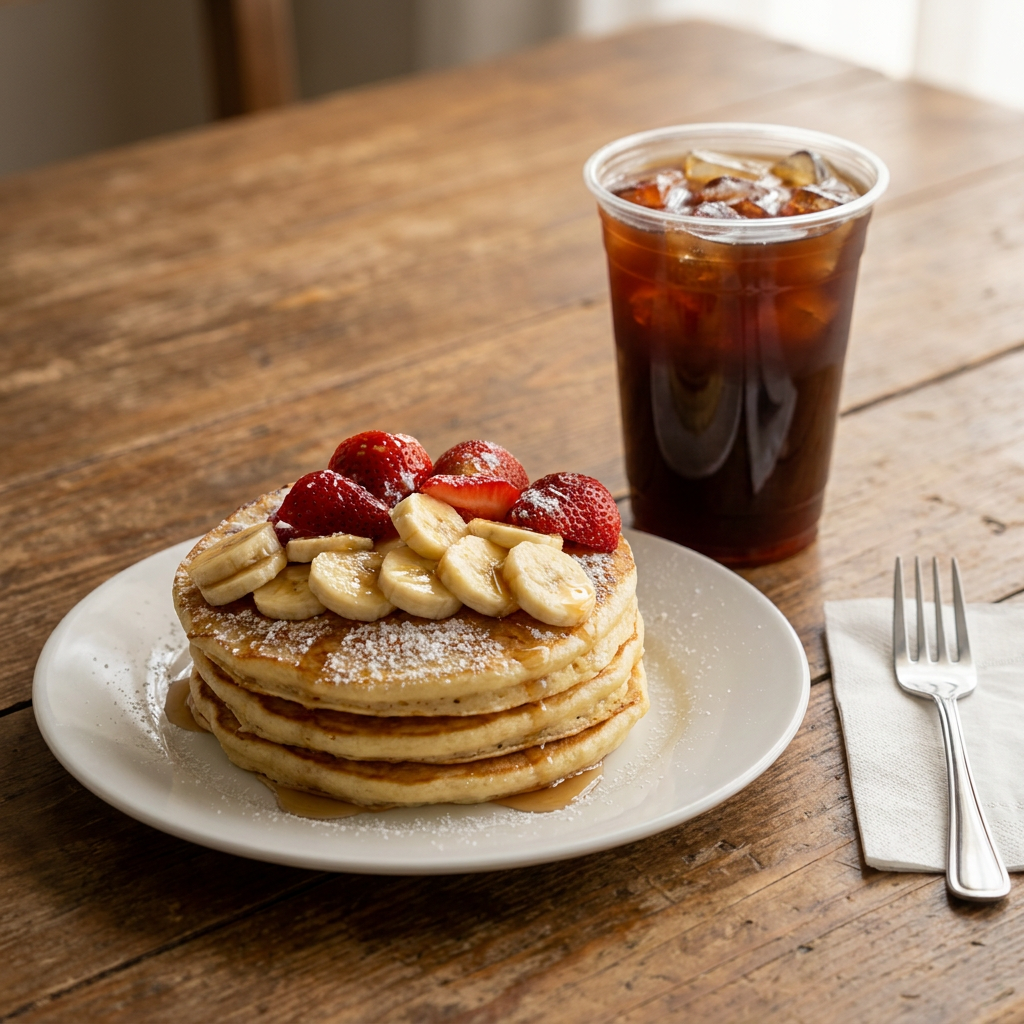 Hot Cakes con Fruta + Iced Americano
