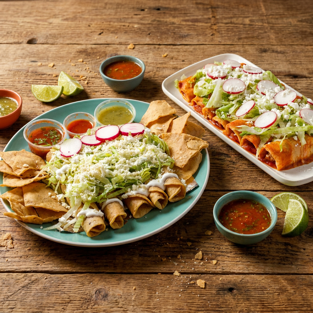 Orden 5 Flautas de Pollo(5 Pza.)+Orden Ench. Rojas