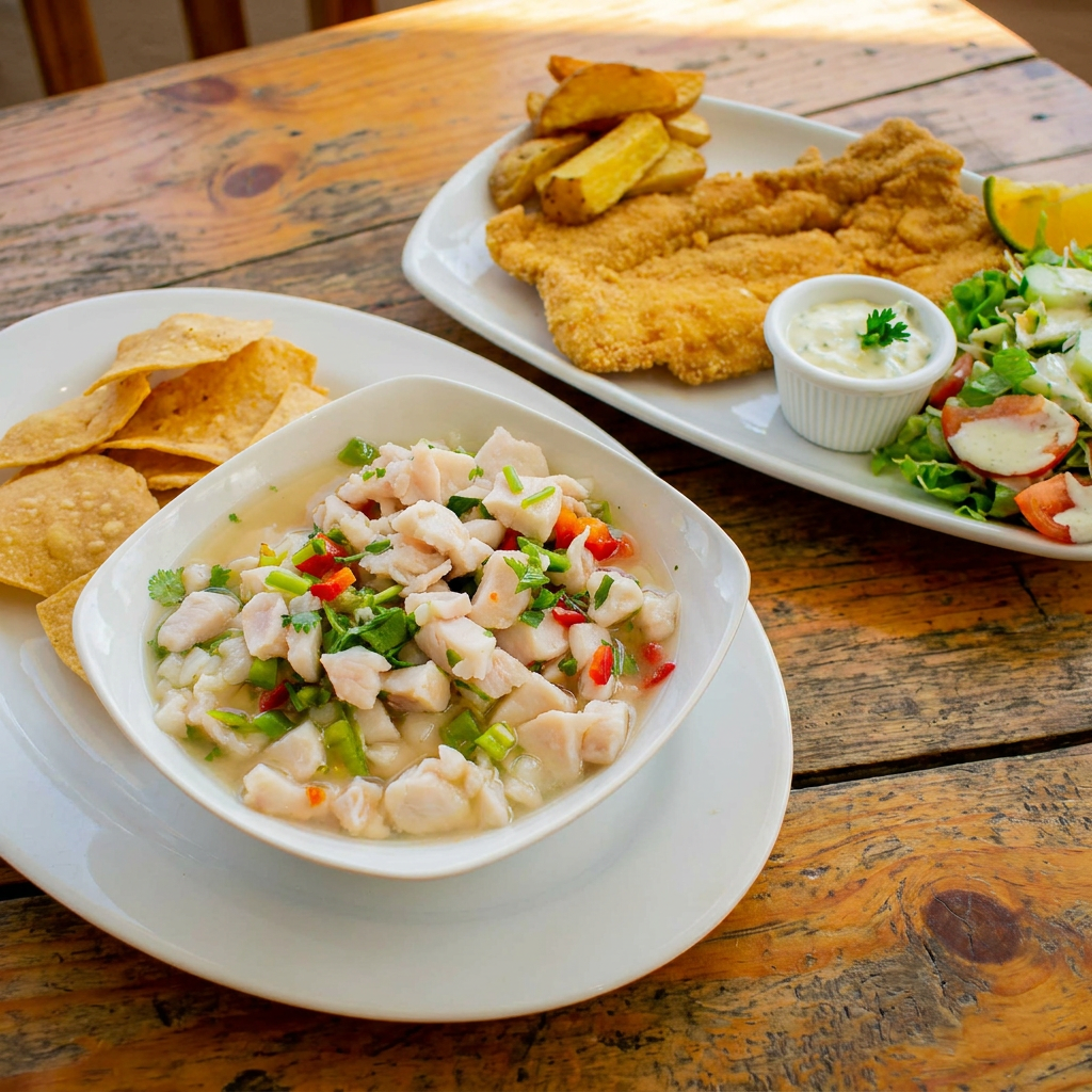 Filet de Pescado Empanizado + Ceviche de Pescado