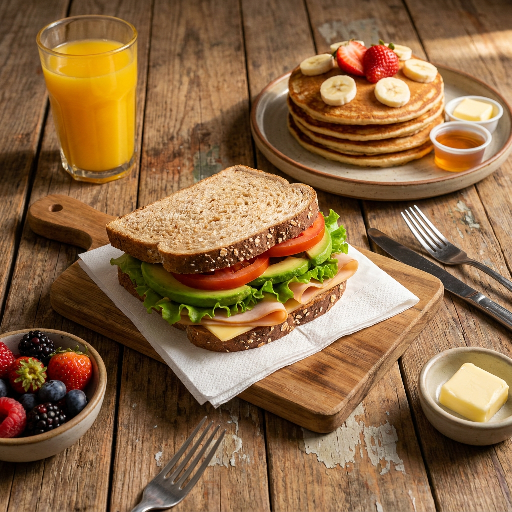Sándwich de Jamón de Pavo + Hotcakes de Avena