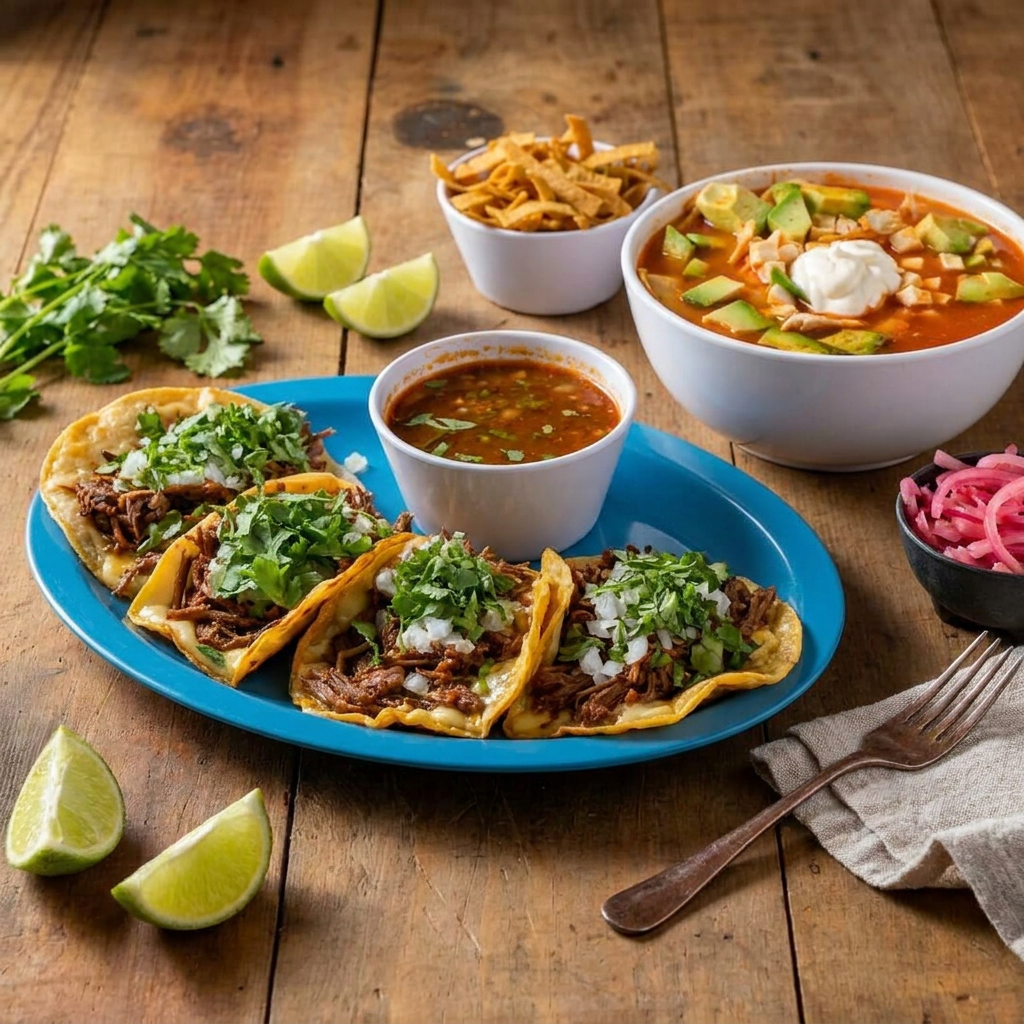 Tacos de Birria con Queso 4 uds + Sopa Azteca