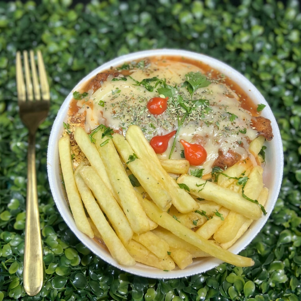 Filé à parmegiana, coberto com queijo derretido e molho de tomate caseiro. Acompanha arroz branco, feijão carioca, batatas fritas crocantes e farofa temperada. Tags - Hambúrguer, Burguer, Burger, Hamburguer Gourmet, Hambúrguer Artesanal, Hambúrguer Vegano, Hambúrguer Vegetariano, Hambúrguer Saudável, Lanch