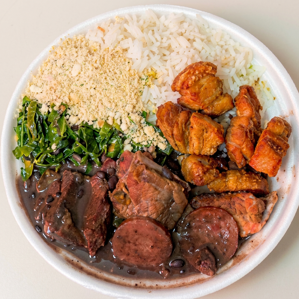 Feijoada magra com costelinha e linguiça acompanha arroz branco , couve refolgada , farofa temperada e torresmo.
atenção tamanho da marmita 500ml e aproximadamente 350g de peso.
