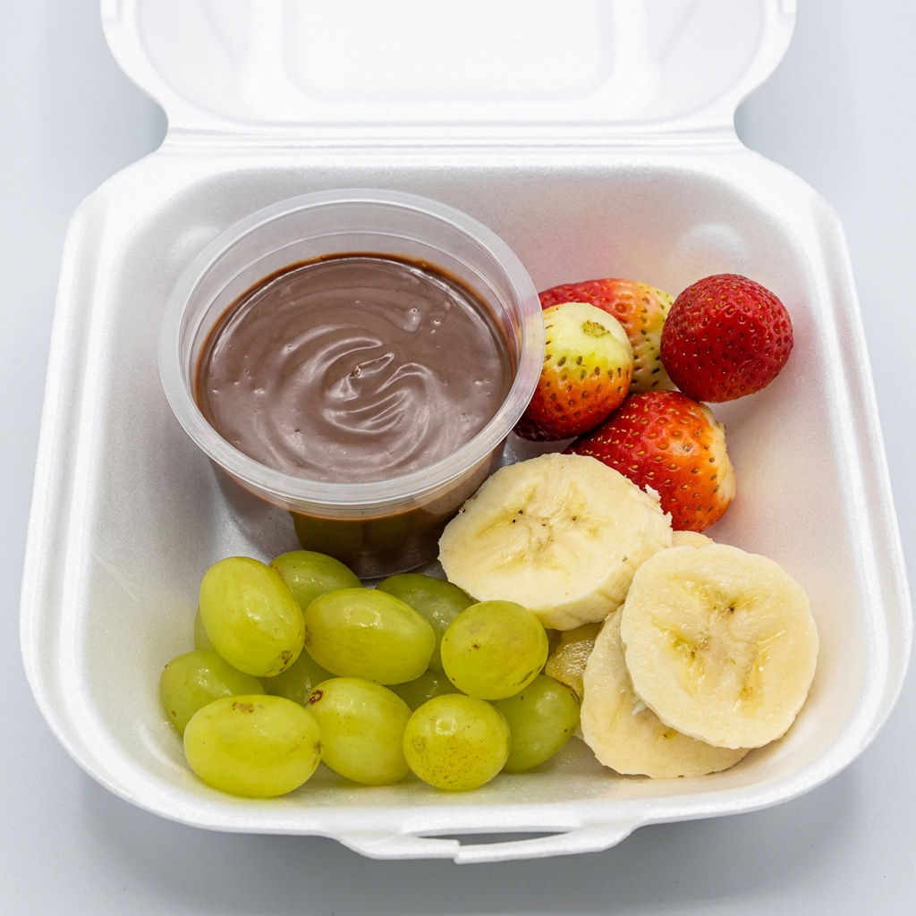Frutas frescas a sua escolha, acompanhado de 100ml de calda de sua preferência, tudo dentro de uma embalagem de isopor.