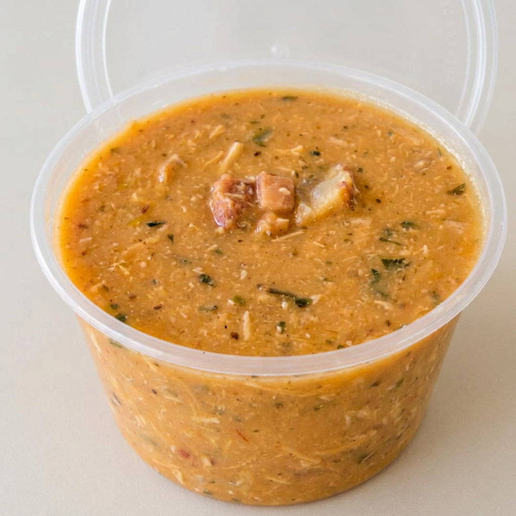 Caldo cremoso de mandioca com frango desfiado pedaços de bacon e temperos variados.