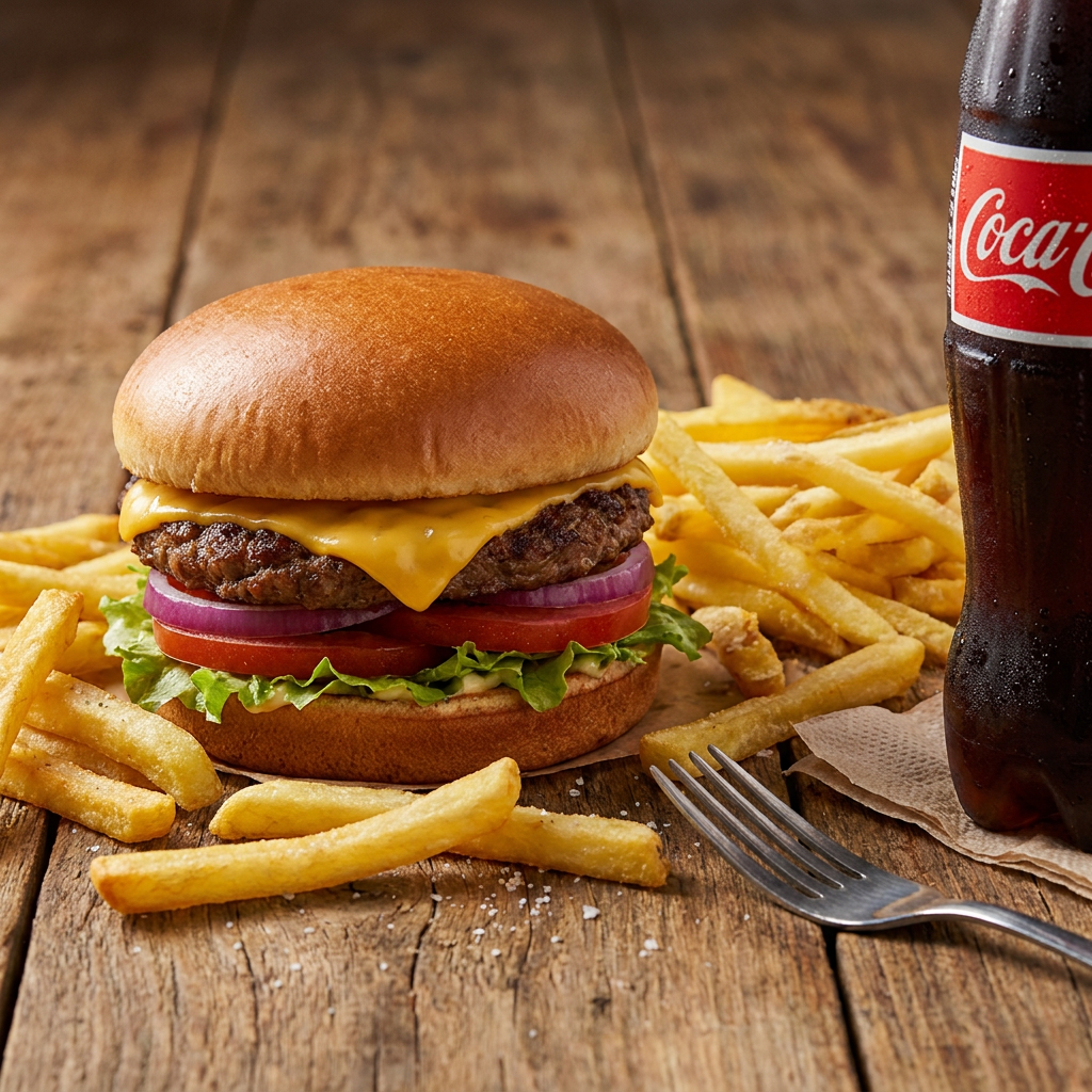 Hamburguesa con Queso + Papas + Coca Cola 355 Ml