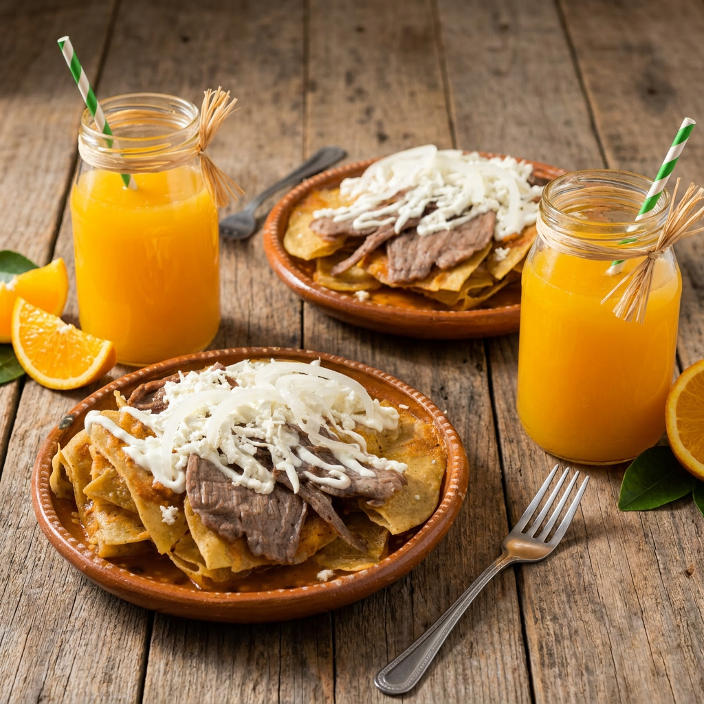 2 CHILAQUILES CON CECINA + 2 JUGO DE NARANJA