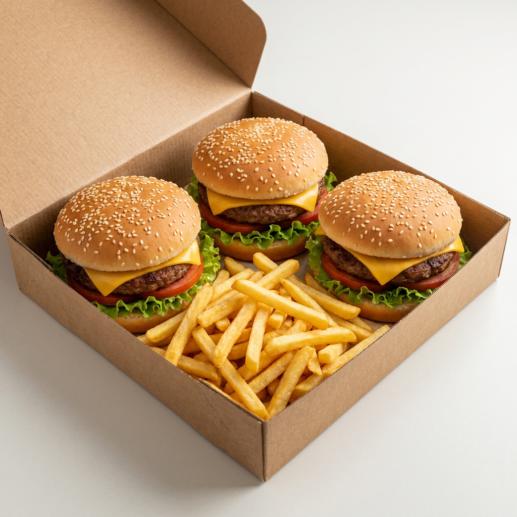 Aproveite a nossa promoção irresistível com 3 deliciosos X-Burguers acompanhados de batatas fritas crocantes e saborosas, tudo servido em uma prática caixa. Cada lanche é preparado com carinho e dedicação, garantindo uma experiência gastronômica inigualável. Nossas batatas fritas, douradinhas e perfeitamente temperadas, complementam perfeitamente essa combinação. Uma oferta imperdível para os amantes de um bom lanche. Peça já a sua 'Promoção de Lanches e Batatas' e saboreie o melhor da nossa cozinha!