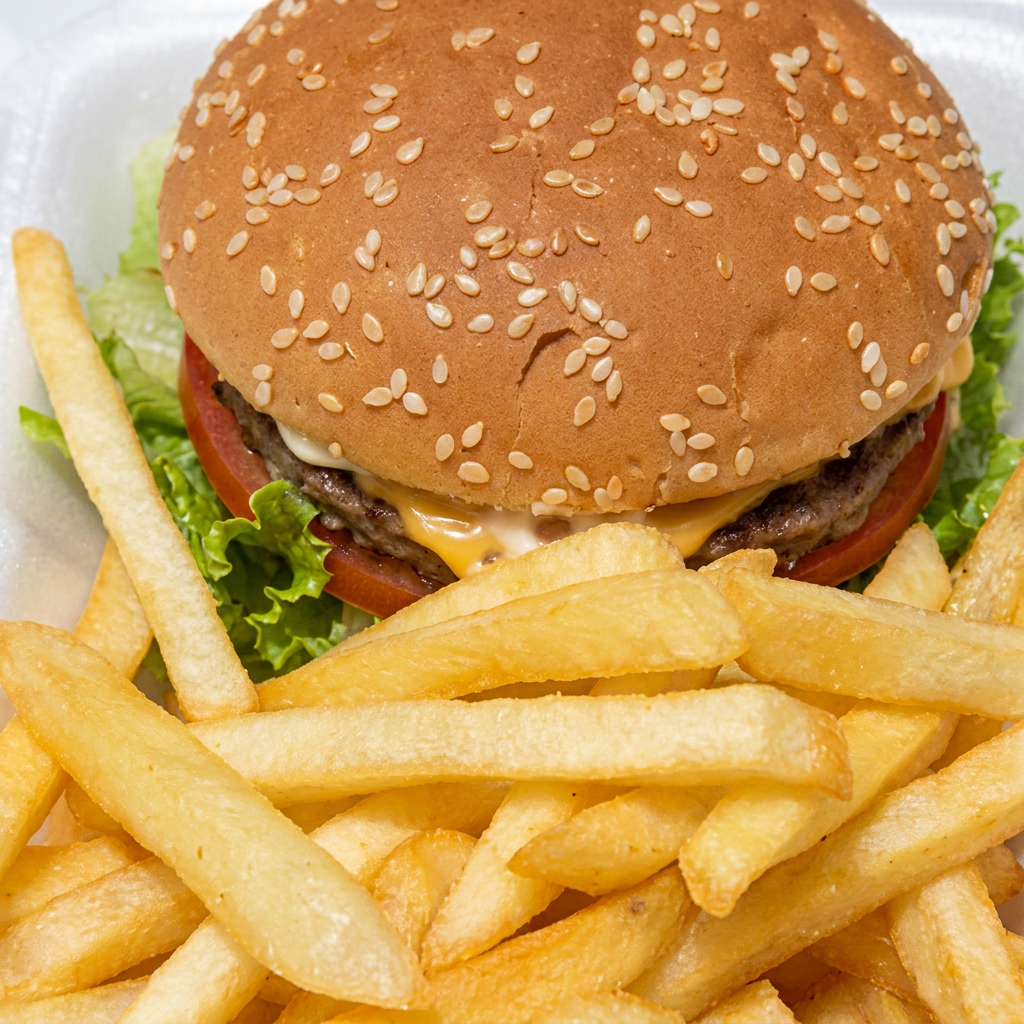 1 x-salada pão de brioche com 1 hamburguer 56g queijo maionese molho especial tomate fatiado alface crespa + batata frita simples