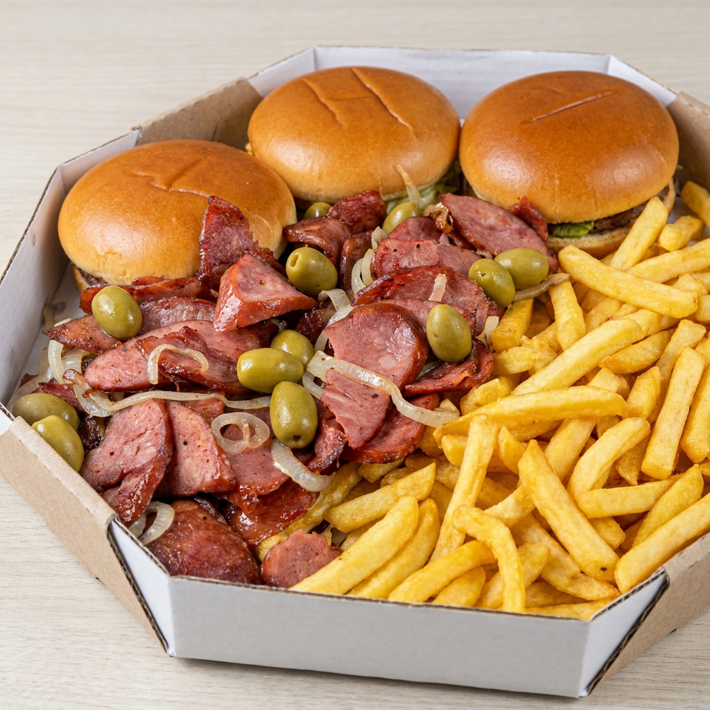 Desfrute do nosso combo '3 Lanches Batata e Calabresa'. São três deliciosos lanches, cada um com 90 gramas de uma suculenta carne, servidos em um pão de brioche fresquinho e macio. Acompanha uma generosa porção de calabresa, bem temperada e crocante, assim como uma porção de batatas fritas, douradas e crocantes por fora, e macias por dentro. Um combo perfeito para os amantes de um bom lanche!