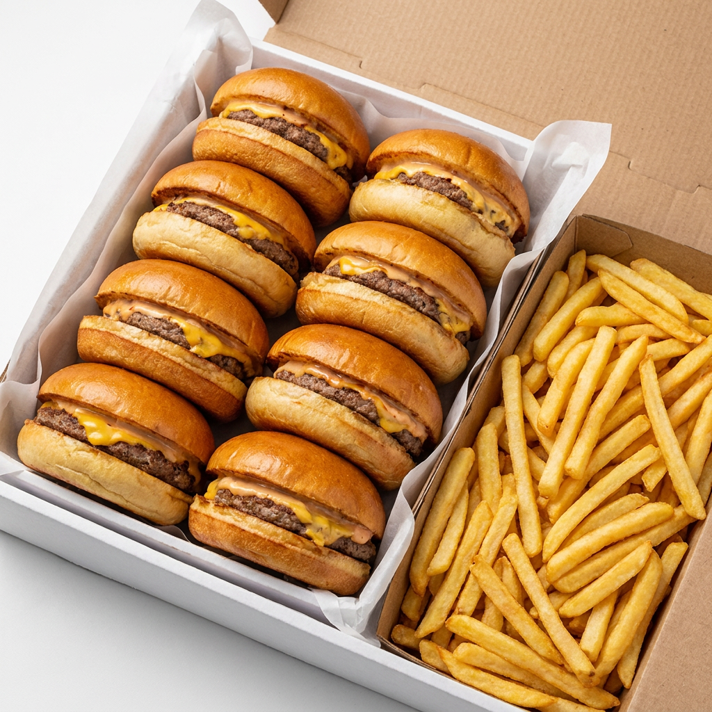 Este combo Super 10 consiste em dez irresistíveis X-Burgers, servidos em suaves pães de brioche, acompanhados de generosas camadas de maionese e um molho especial que agrega um sabor inconfundível. Cada burger conta com uma porção de carne de 56 gramas, cuidadosamente preparada para agradar até os paladares mais exigentes. Além disso, são acrescentadas ainda 700 gramas de batatas fritas, crocantes e douradas, servidas em uma caixa especialmente desenhada para manter sua textura e sabor. Um combo perfeito para compartilhar ou para os verdadeiros amantes de lanches!