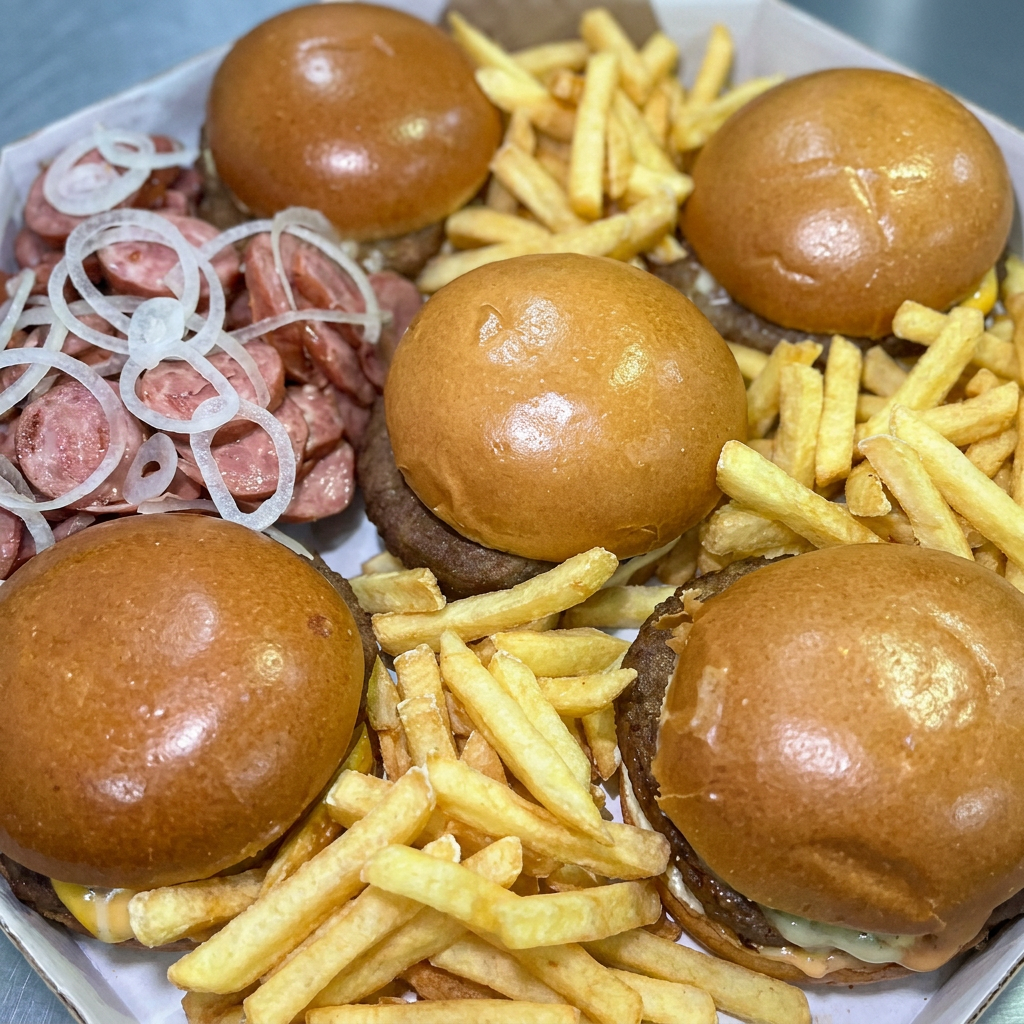 Delicie-se com o nosso Combo Mega 5, composto por cinco suculentos lanches, cada um trazendo um delicioso X-Burguer com carne de 56 gramas, aconchegado em um pão de brioche macio e leve. Cada lanche é delicadamente coberto com maionese e um molho especial que realça o sabor, ambos combinados com fatias de queijo derretido, criando uma experiência culinária inesquecível. Acompanha 250 gramas de batatas crocantes e 200 gramas de calabresa defumada e apetitosa. Este combo é perfeito para os amantes de um bom lanche, capaz de satisfazer os paladares mais exigentes.