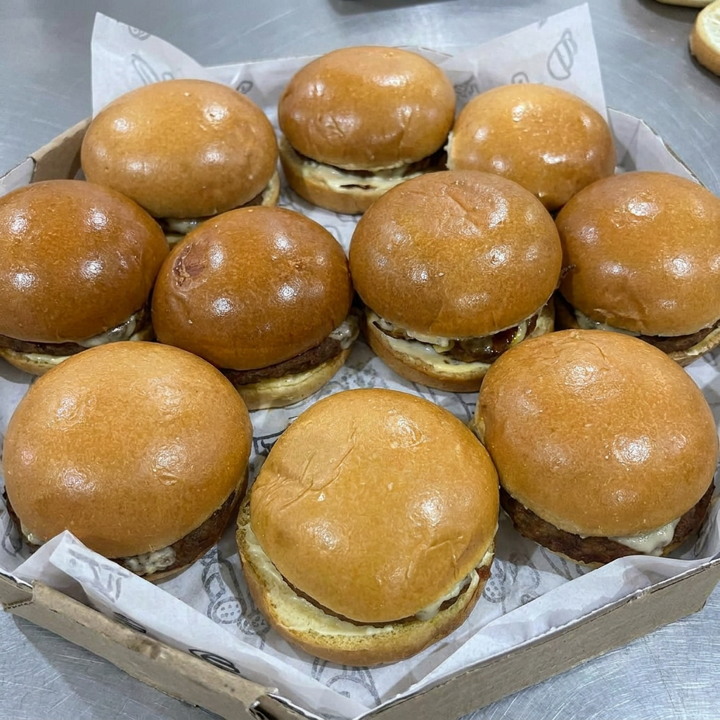 Apresentamos 10 suculentos X-burgues, cuidadosamente preparados com pães de brioche, extremamente macios e saborosos. Cada lanche é generosamente coberto com uma camada deliciosa de maionese e um molho especial, exclusivo de nossa casa. Acrescentamos uma fatia de queijo derretido, perfeitamente harmonizado com uma carne de primeira qualidade, pesando 56 gramas. Esta é uma oferta da nossa categoria 'Super 10 Combos de Lanches'. Uma verdadeira festa para o seu paladar!