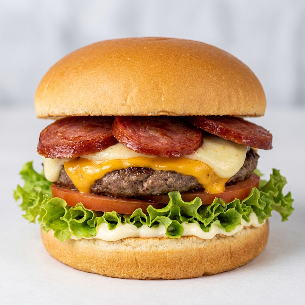Pão De Hamburguer 1 Hamburguer 56g Fatias De Calabresa Frita Alface Crespa, Fatias De Tomate, Maionese, Cheddar, Queijo Mussarela