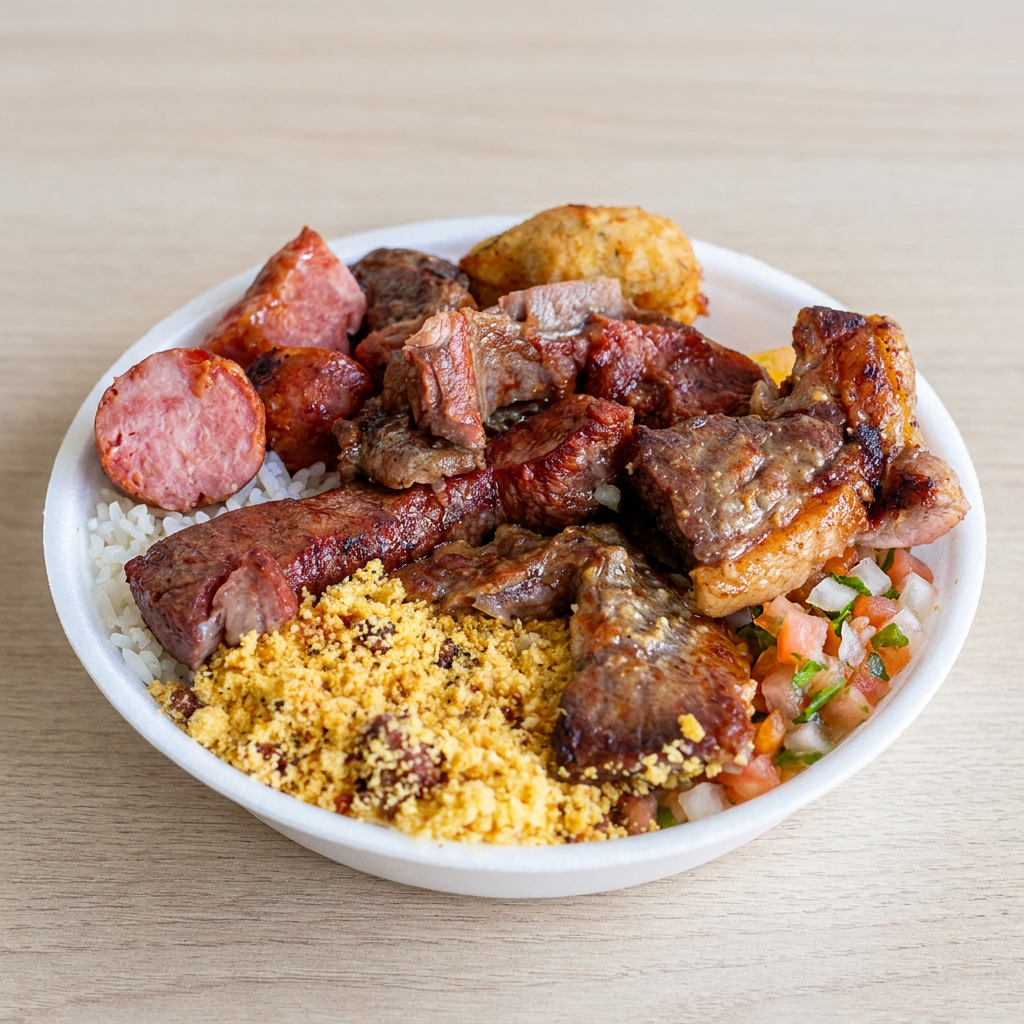 A 'Marmita Mista de Churrasco' é uma autêntica viagem gastronômica à tradição do churrasco brasileiro. Ela é composta por suculentas peças de churrasco, arroz fresco e brilhante, feijão saborosamente cozido, cortes nobres de contrafilé, frango grelhado ao ponto, linguiça defumada, farofa crocante e um vinagrete refrescante e picante. Tudo preparado com o máximo de carinho e habilidade, garantindo uma refeição completa e deliciosa.