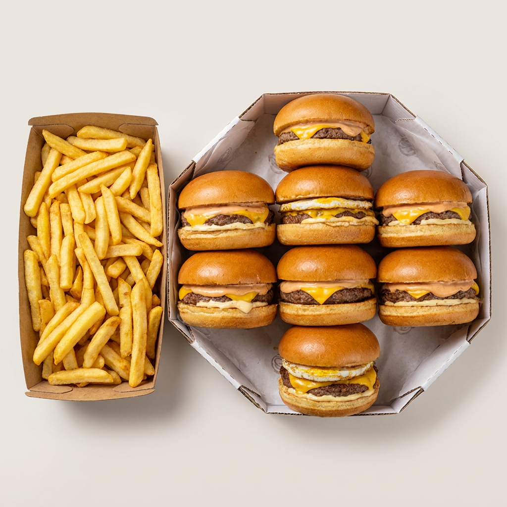 Desfrute de 10 suculentos X-burguers servidos em pães de brioche fresquinhos, generosamente cobertos com nosso molho especial e maionese artesanal. Cada hambúrguer é preparado com 56 gramas de carne selecionada e coberto com uma fatia de queijo derretido. Acompanhando os lanches, você recebe uma porção abundante de 700 gramas de batatas fritas crocantes servidas em uma caixa especial. Este combo é uma opção perfeita para compartilhar com amigos ou para satisfazer aquele grande apetite. Faz parte da nossa linha 'Super 10. Combos de Lanches (1)'.