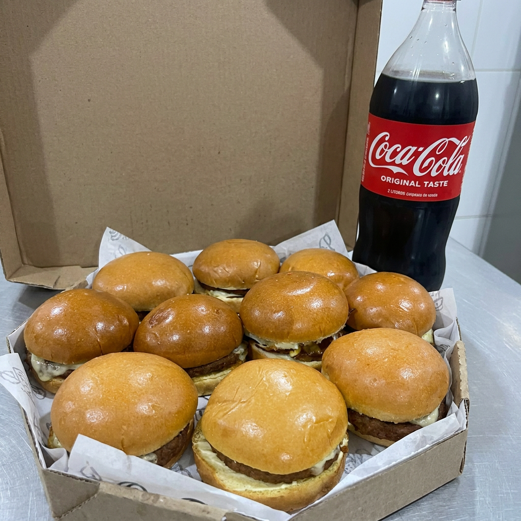 Apresentamos o 'Super 10. Combos de lanches (1)', um pacote irresistível que inclui 10 lanches saborosos e uma refrescante Coca-Cola de 2 litros. Cada lanche é cuidadosamente preparado com um suculento hambúrguer de 56 gramas coberto com queijo derretido, acomodado num pão de brioche macio e dourado. O toque final fica por conta da nossa maionese caseira e do molho especial, que adicionam uma explosão de sabor. Este combo é a opção perfeita para compartilhar momentos agradáveis com amigos ou família. Desfrute da combinação perfeita de sabor e quantidade!