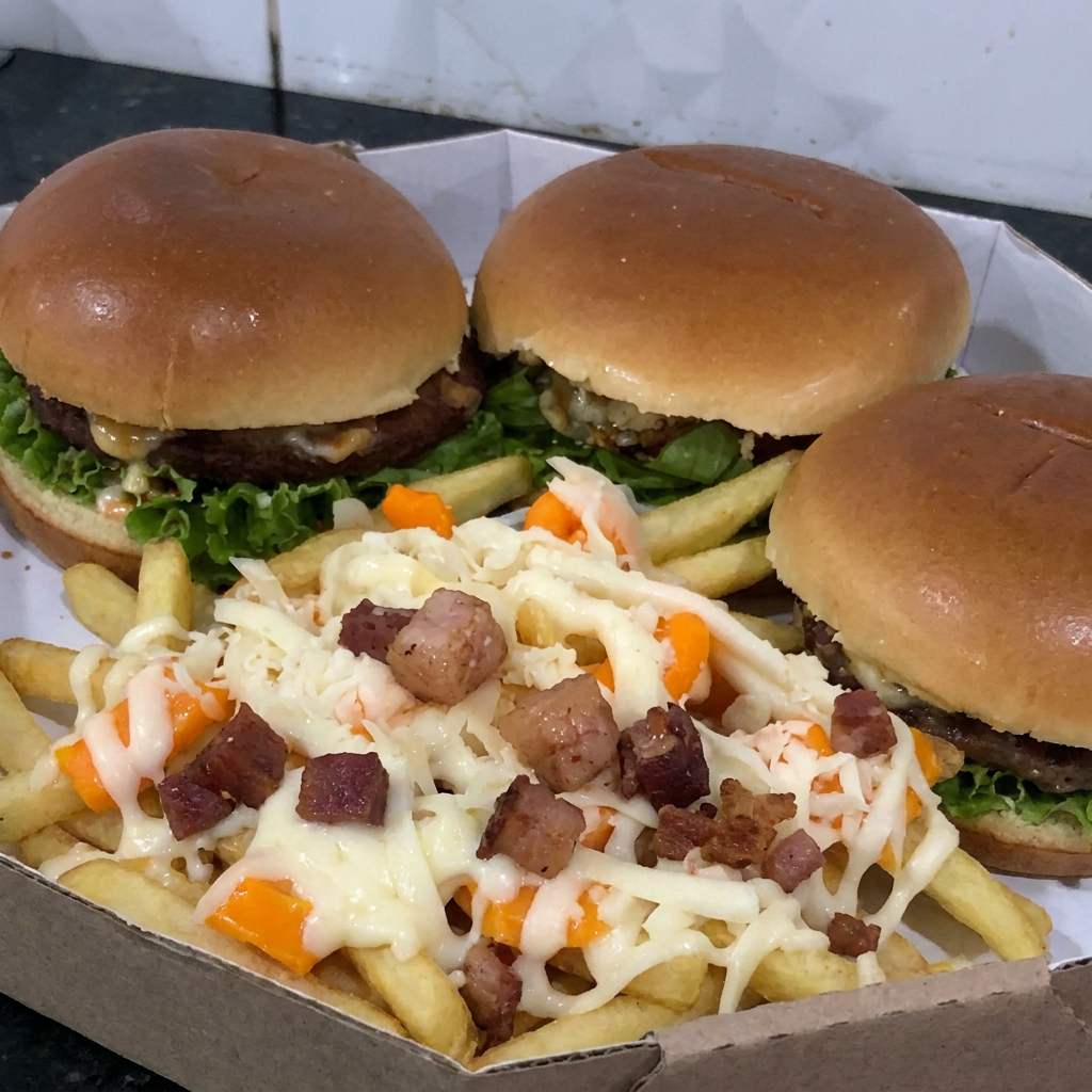 Delicie-se com o nosso '3 Lanches Batata Completa' da categoria 'Combo de 3 Lanches'. São três irresistíveis lanches, com suculentos hambúrgueres de 90 gramas, acomodados em macios pães de brioche e realçados com nossa maionese caseira e molho especial. Acompanha batatas fritas crocantes, generosamente cobertas com o trio de queijos Catupiry, cheddar e mussarela, finalizadas com um toque de bacon crocante. Uma combinação de sabores que se harmonizam perfeitamente, tornando cada mordida uma experiência única e saborosa.