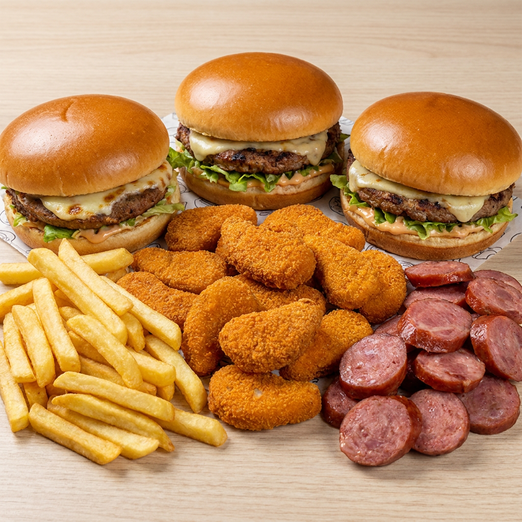 Delicie-se com nosso Combo de 3 Lanches, que traz irresistíveis hambúrgueres de 90 gramas, suculentos e perfeitamente grelhados. Envoltos em pães de brioche fresquinhos, estes hambúrgueres são uma verdadeira explosão de sabor. Acompanham o combo, crocantes nuggets fritos, preparados com uma seleção especial de temperos. E para completar, batatas fritas douradas e sequinhas, que são um verdadeiro deleite. É a combinação perfeita para satisfazer a sua fome e aguçar o seu paladar.
