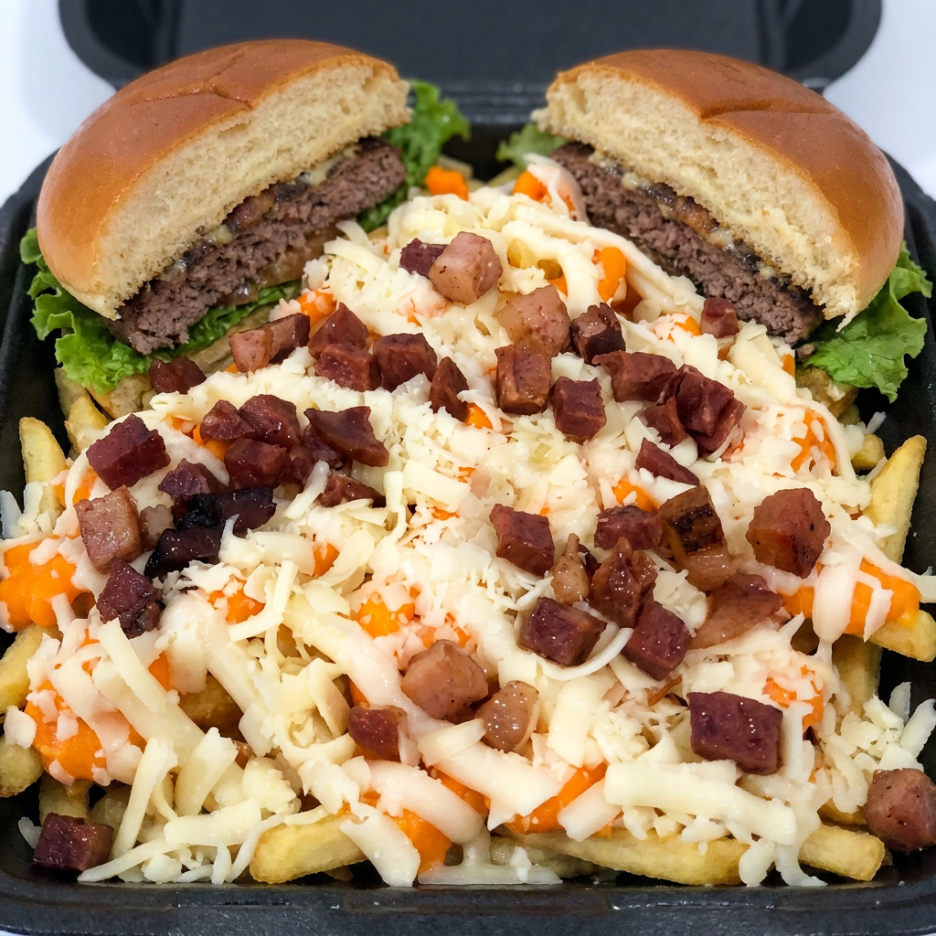 Desfrute de dois lanches irresistíveis, cada um composto por uma carne de 90 gramas de alta qualidade, aconchegada em um pão brioche quentinho e macio. Acompanha uma generosa porção de batatas fritas, crocantes por fora e suaves por dentro, magnificamente cobertas com uma mistura derretida de queijo, Catupiry e cheddar, finalizadas com cubos de bacon fritos até atingir a perfeição. Um combo sensacional que promete agradar até os paladares mais exigentes!